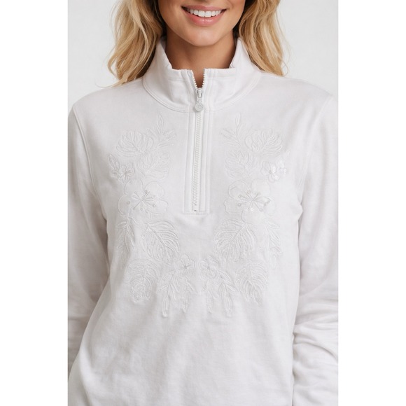 Tommy Bahama Tops - Tommy Bahama Women Pullover XL White 1/2 Zip Embroidered Floral Sequins Cotton